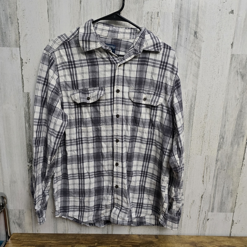 Faded Glory Mens Gray and White Plaid Button-Up Shirt Size Medium 38-40